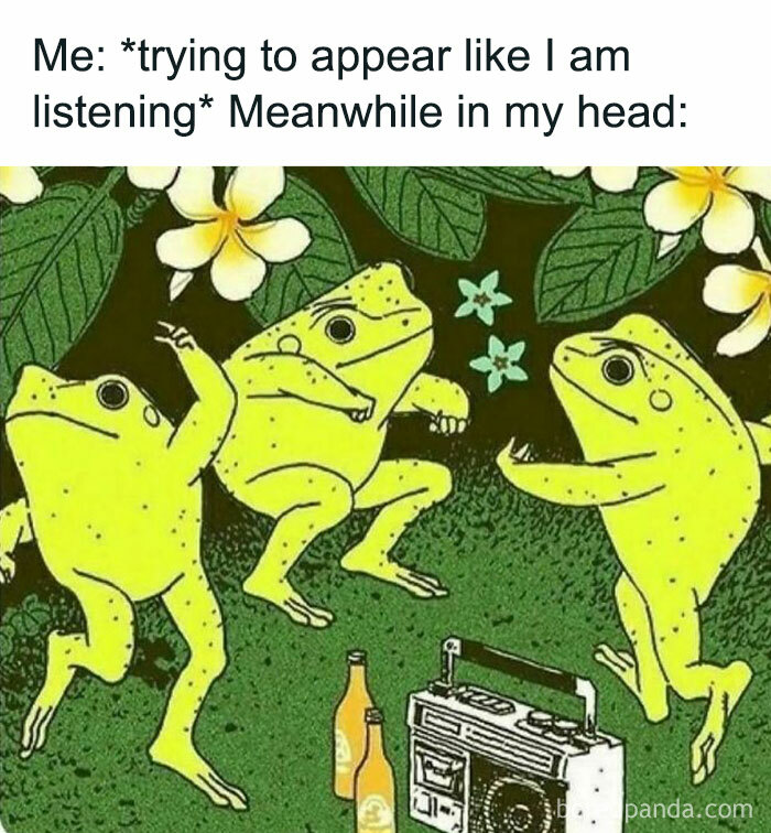 Three dancing frogs in a jungle scene, surrounded by flowers, next to a boombox and drinks.