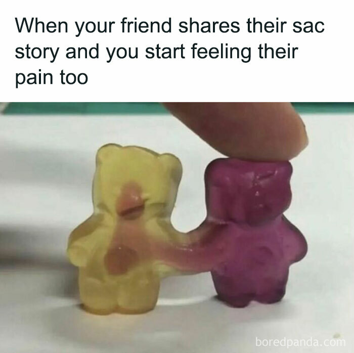 Gummy bears fused together, illustrating empathy as one smiles and the other shows concern, relatable memes theme.