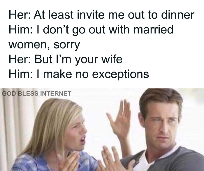 A funny meme labeled "God Bless Internet" showing a woman talking to a man with a caption about married couples.