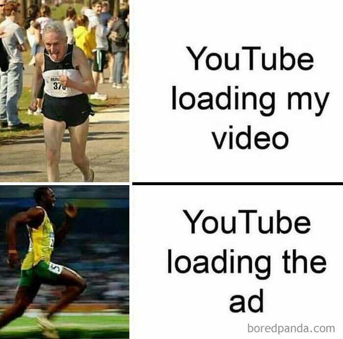 Elderly man running symbolizes slow YouTube video load; sprinter symbolizes fast ad load, highlighting meme humor.
