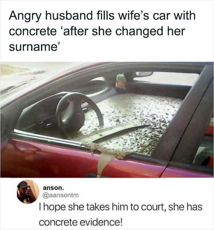 A car filled with concrete as a humorous meme about an angry husband, featuring a witty social media comment.