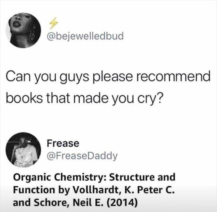 Tweets about books that evoke tears, featuring humorous reference to an organic chemistry book.