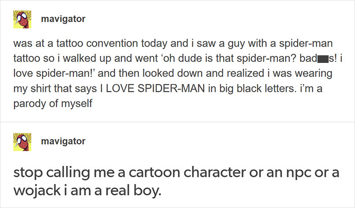 Funny random meme about Spider-Man tattoo and a humorous identity crisis.