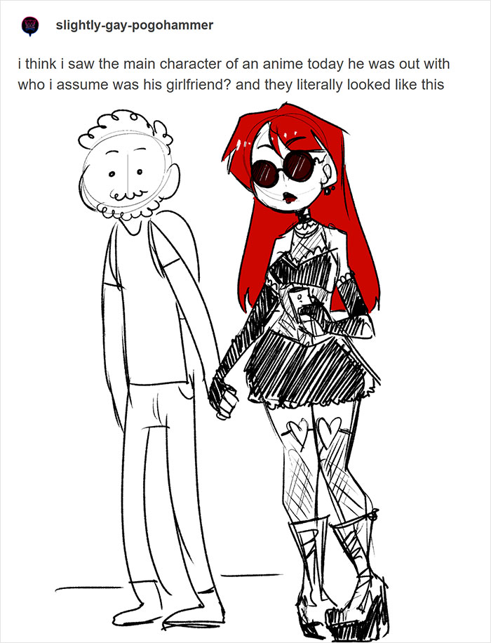 Cartoon of a plain man and a stylish woman holding hands, showcasing funny and random memes to brighten up your day.