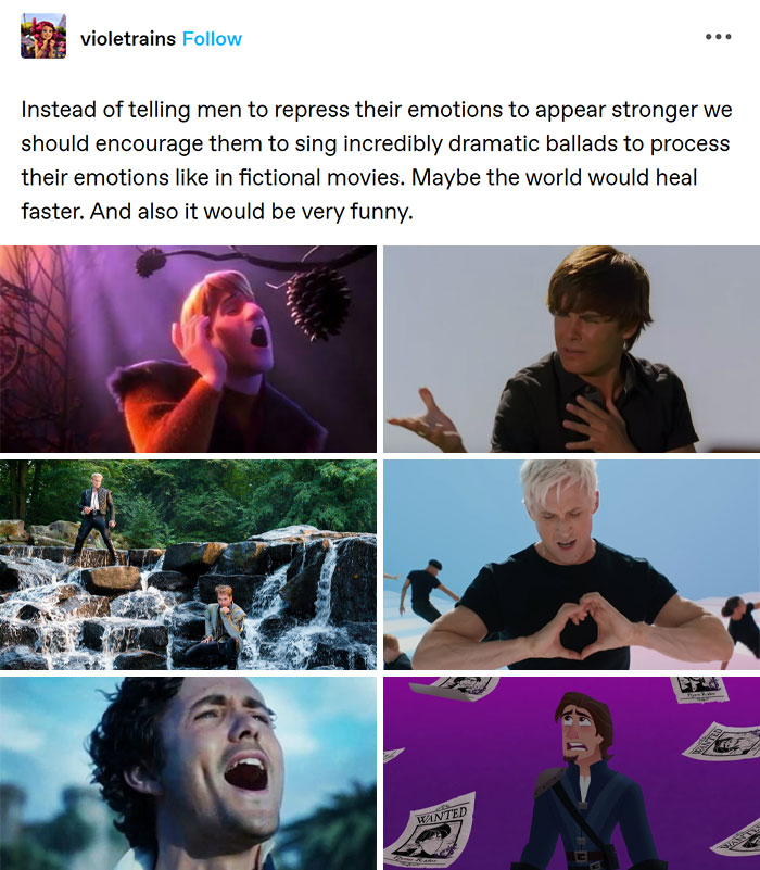 Funny and random meme collage with dramatic singing scenes from various movies.