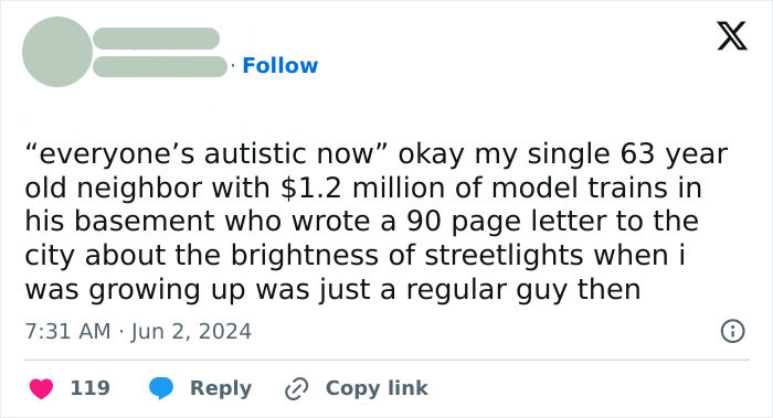 Funny and random meme about a neighbor with model trains and streetlights.
