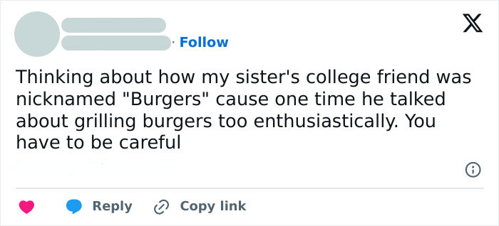 Funny meme about a college friend nicknamed "Burgers" for enthusiastically talking about grilling burgers.