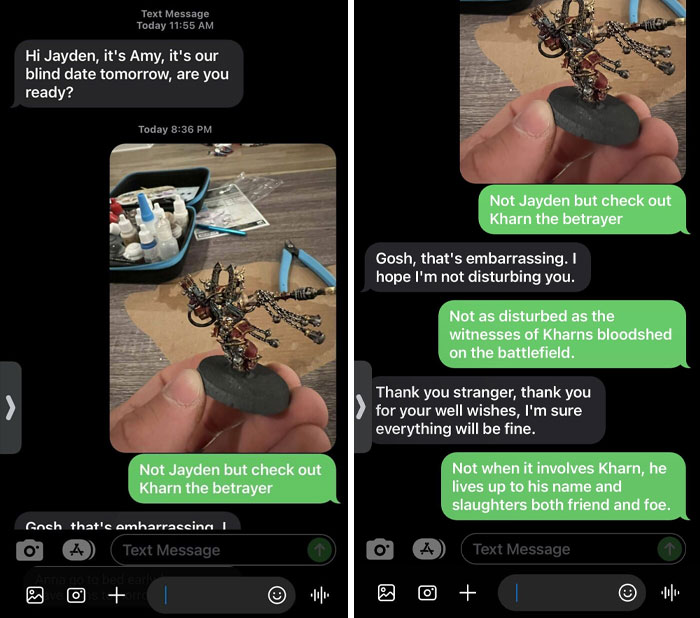 Text exchange showing funny-scammer-responses with a Warhammer figure held in hand.