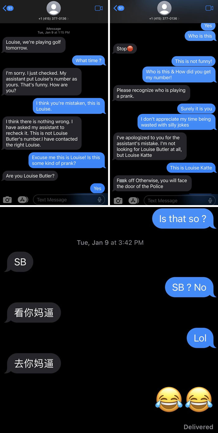 Text message exchange with funny-scammer-responses, showing confusion and humor.