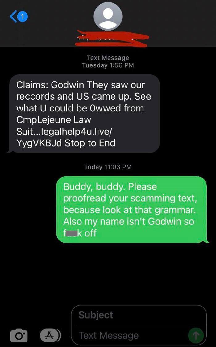 Text conversation with funny-scammer-responses highlighting grammar errors.