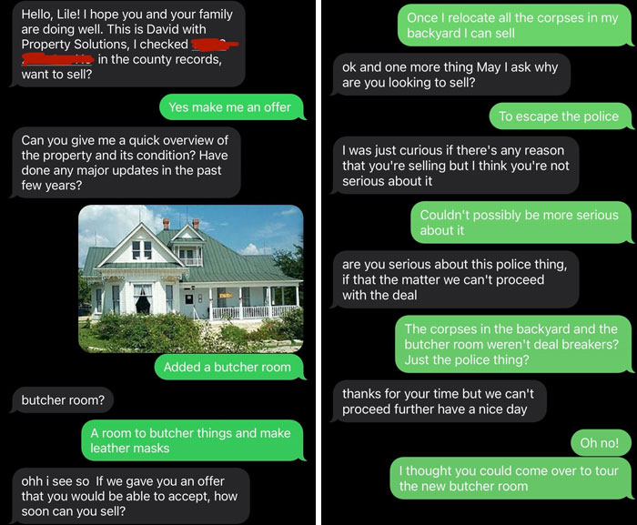 Text conversation showing a funny-scammer-response about selling a house with a butcher room.