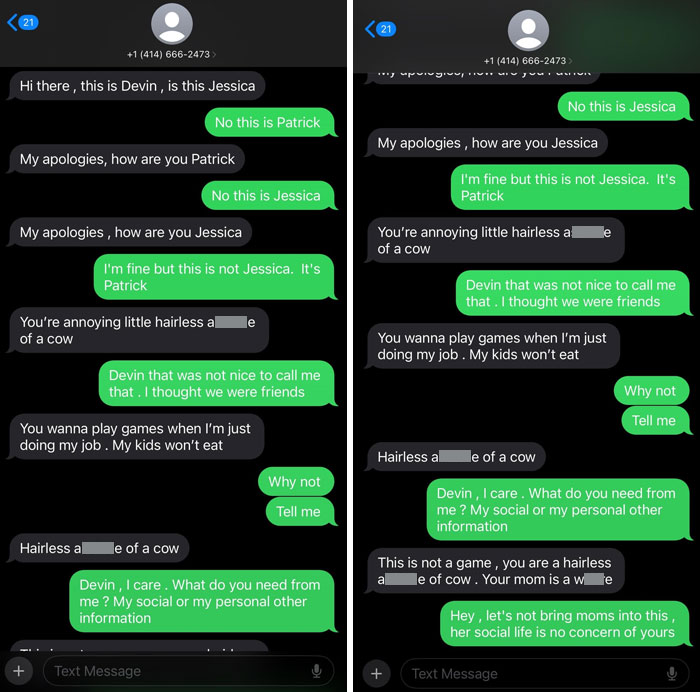 Text conversation with funny-scammer-responses, involving mistaken identity and playful banter.