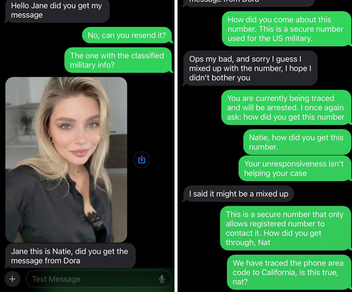 Text messages exchange with a funny-scammer-responses theme, featuring mixed-up identities and secure numbers.