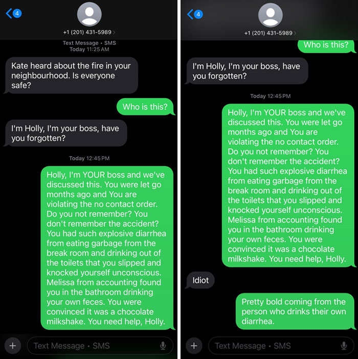 Text exchange showing a humorous back-and-forth with a scammer pretending to be someone's boss.