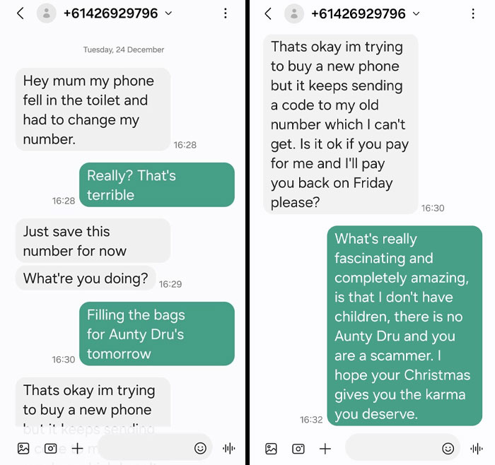 Scammer texts asking for money, recipient cleverly exposes the scam.