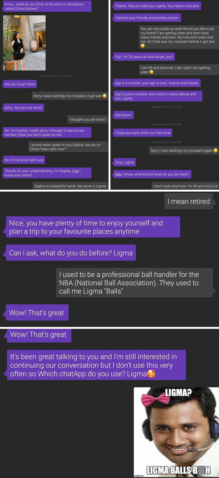 Humorous text conversation with a scammer, featuring funny responses and a meme about "Ligma Balls".