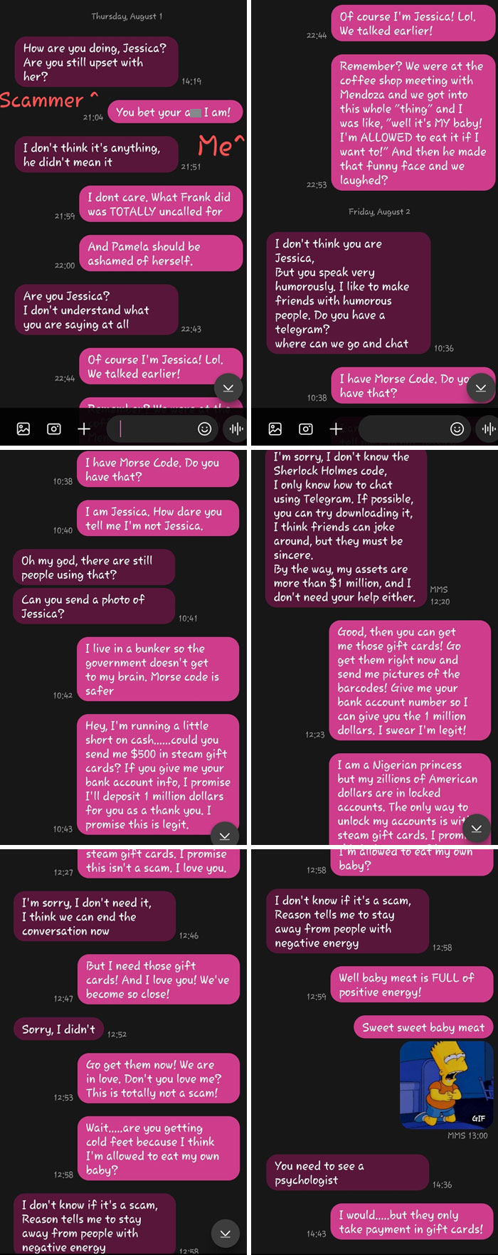 Chat exchange with funny-scammer-responses involving humorous back-and-forth about Morse code and gift card scams.