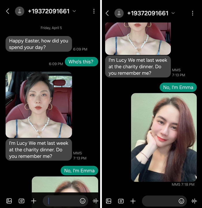 Text conversation with funny scammer responses, showing two women and humorous replies.
