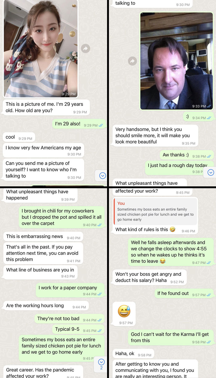 Funny scammer responses in a chat showing humorous replies and a mismatched conversation.