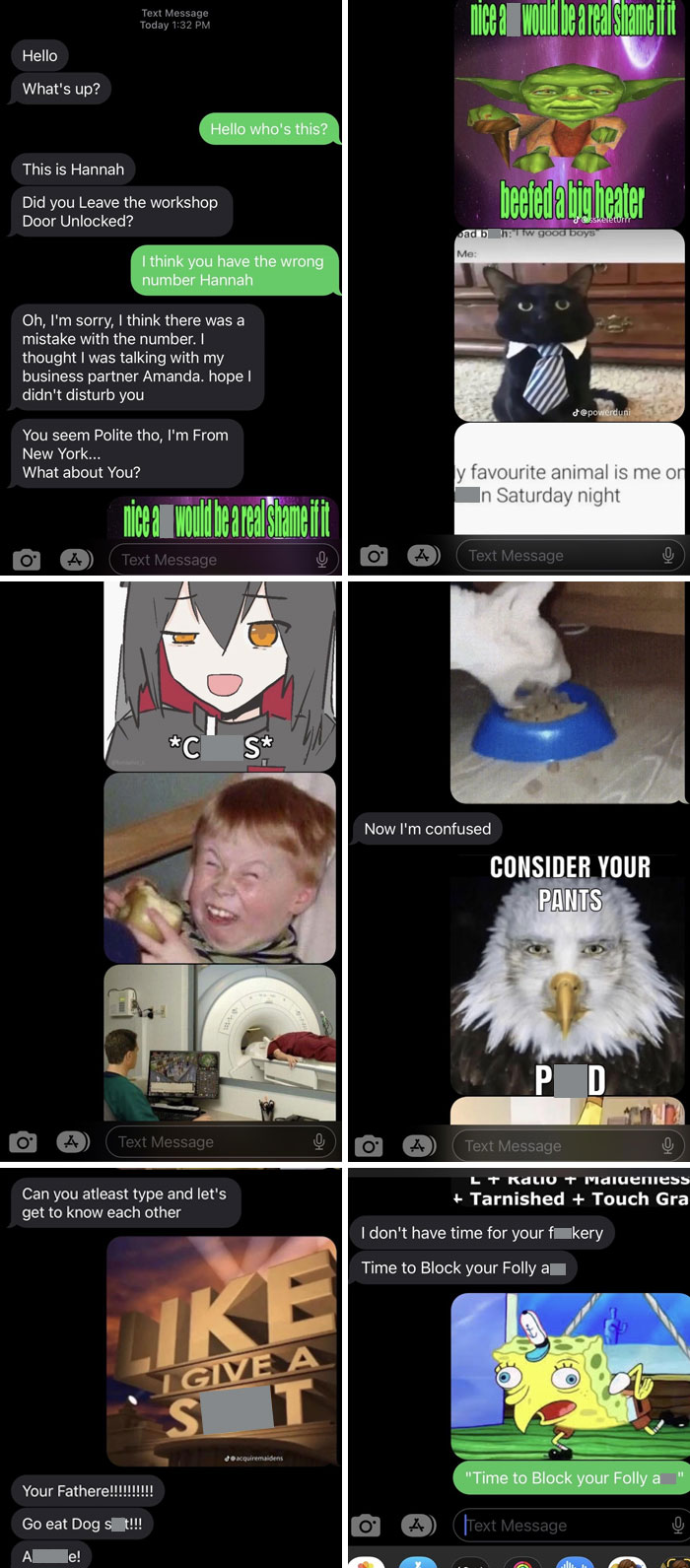 Collage of funny-scammer-responses featuring text conversations and humorous memes.
