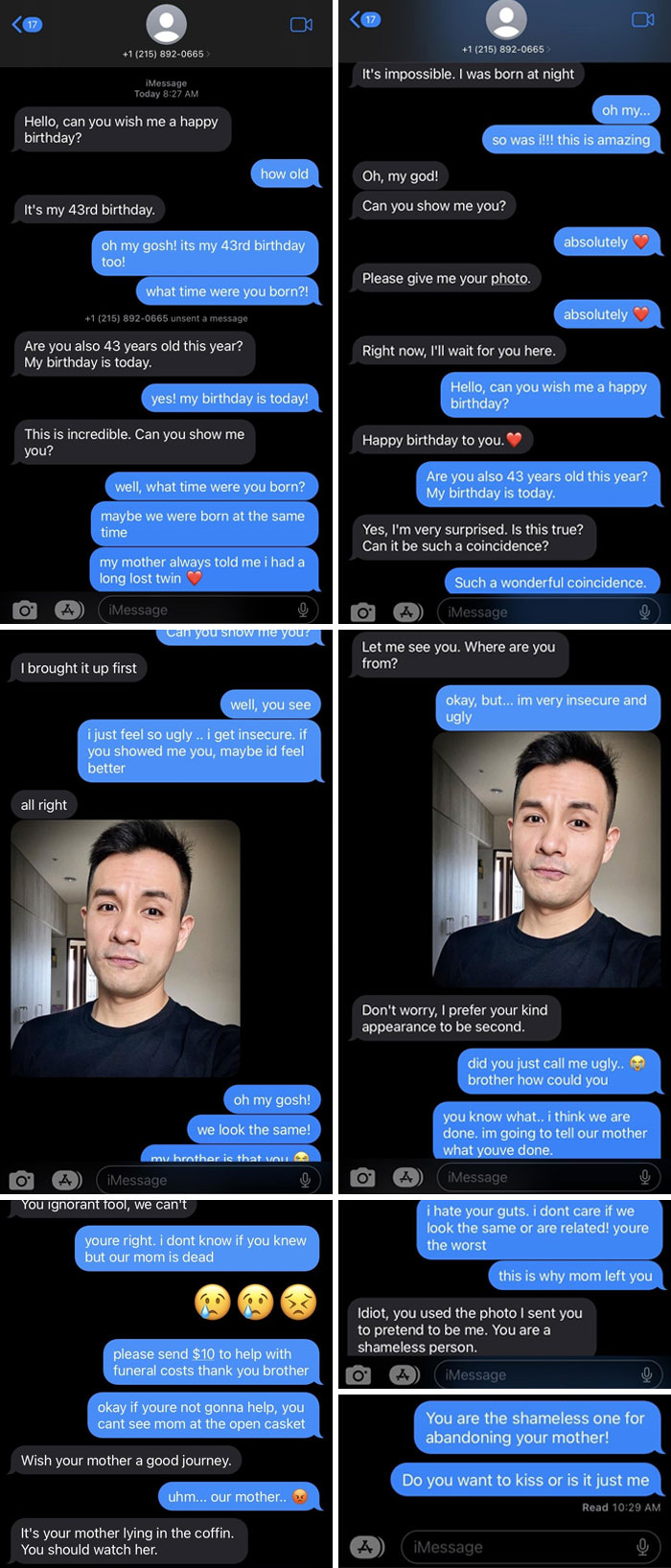 Text message conversation with funny-scammer-responses involving a birthday coincidence.