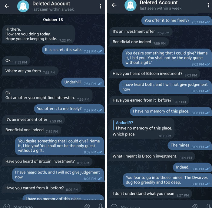 Chat exchange with humorous responses to a scammer, featuring references to "Underhill" and "Anduril97".