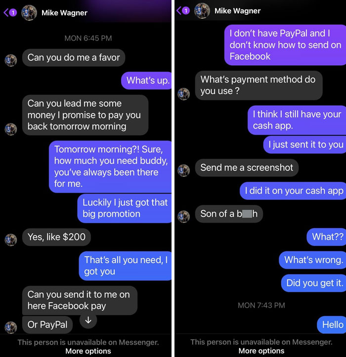 Chat exchange showcasing humorous scammer responses in a text conversation.