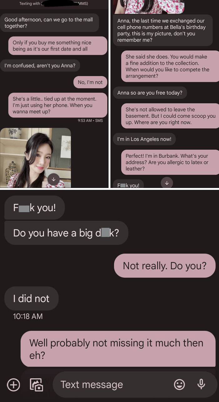 Text exchange showing funny-scammer-responses with humorous and sarcastic replies.