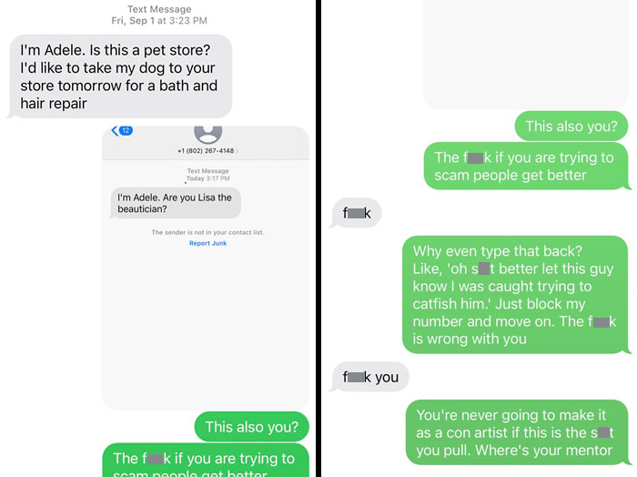 Text message exchange with funny-scammer-responses confronting the scammer.