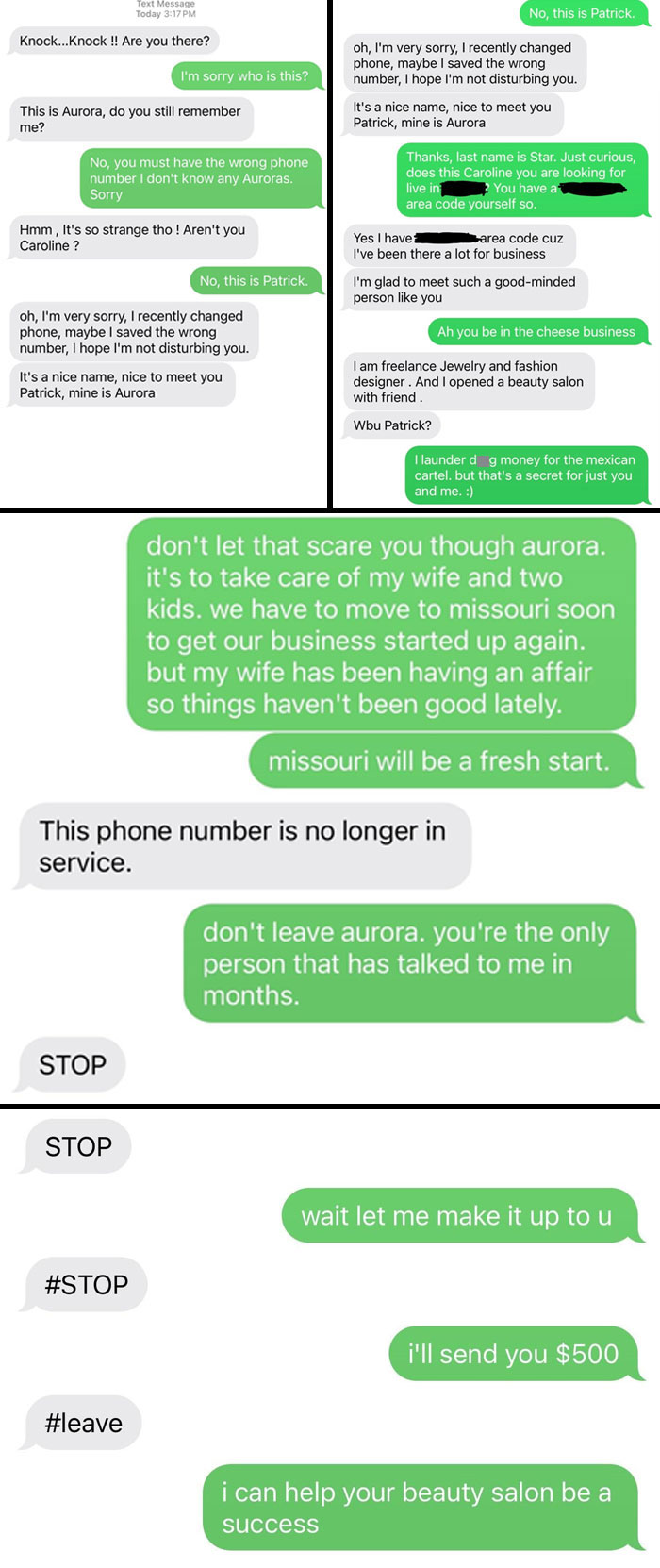 Funny scammer responses in a text exchange, with humorous replies from the recipient to a mistaken identity scam attempt.