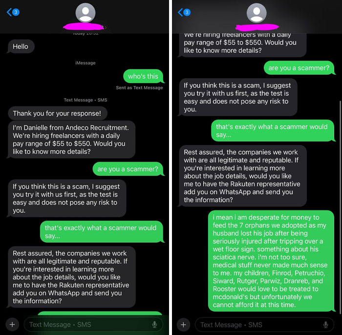 Text exchange showcasing funny-scammer-responses about a supposed recruitment offer.
