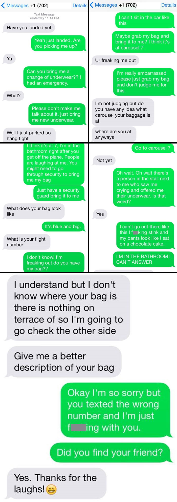 Text conversation highlighting funny messages sent to the wrong recipient with a mix-up about underwear and luggage.