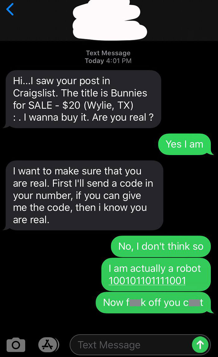 Text conversation displaying funny-scammer-responses to a suspicious message.