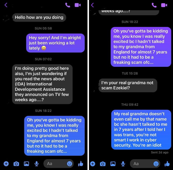 Text message conversation showcasing funny scammer responses.