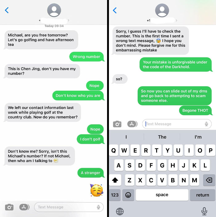 Text conversation showing funny scammer responses with humorous replies to a mistaken identity.