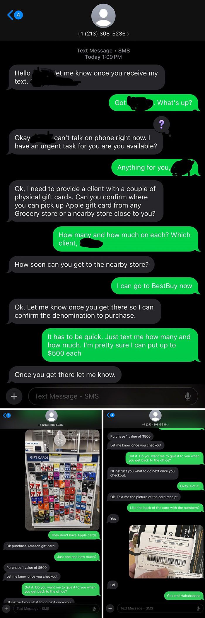 Humorous text exchange with a scammer discussing gift card purchases, featuring funny-scammer-responses.