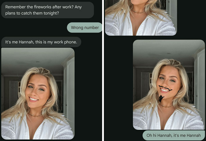 Funny scammer responses with edited selfie in a playful text exchange.
