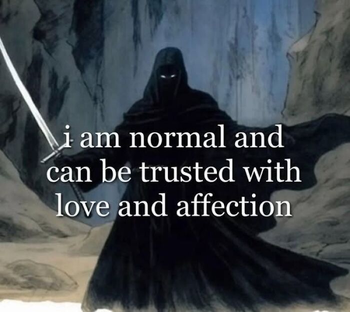 Dark cloaked figure with a sword and text overlay for funny Facebook meme.