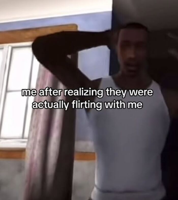 Animated character in a room with text overlay, capturing a funny-silly moment of realization.