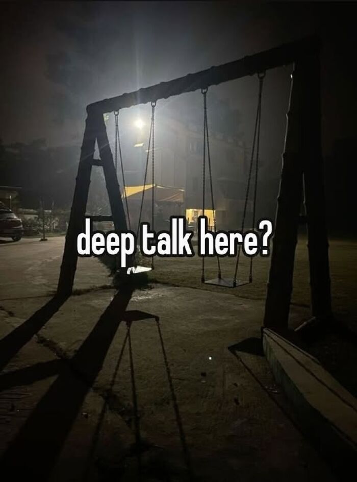 Dark playground swing with text "deep talk here?" for Facebook memes.