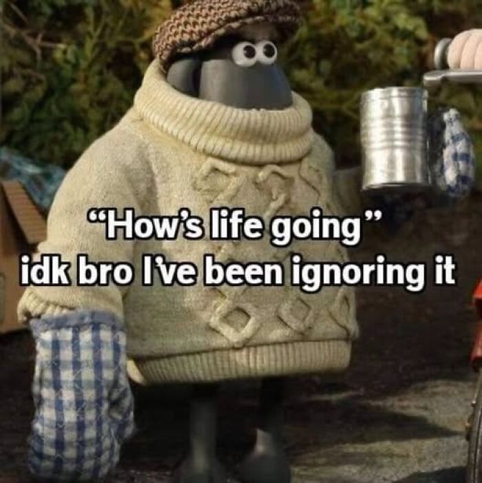 Character in a sweater and hat humorously ignoring life's challenges, reflecting funny silly Facebook memes.