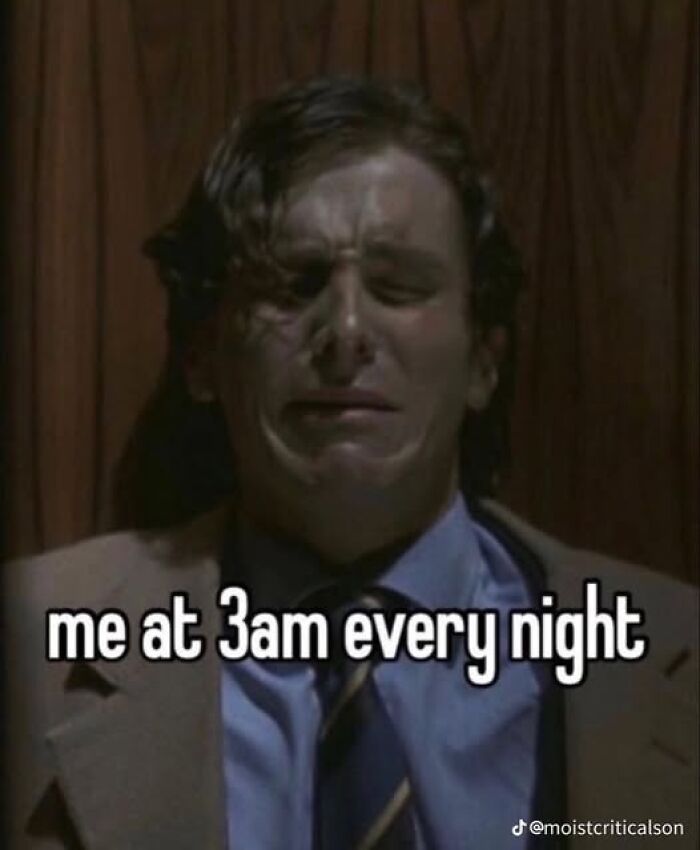 Person in a suit looking distressed with text overlay: "me at 3am every night," representing funny silly Facebook memes.