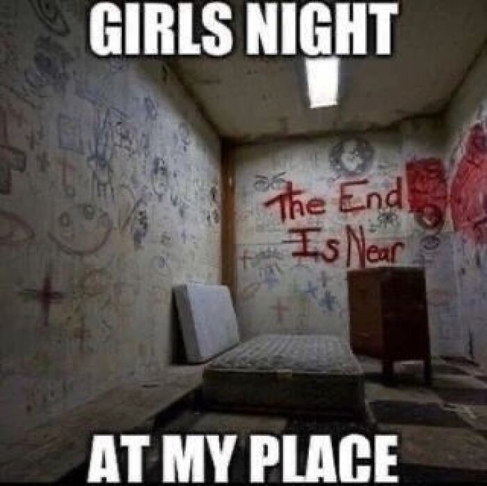 Abandoned room with "The End Is Near" graffitied on the wall, captioned for funny-silly-Facebook-memes.