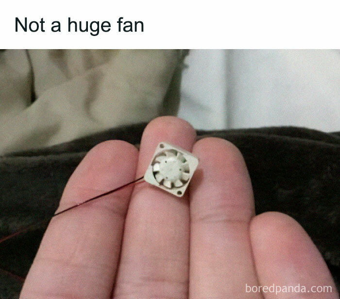 Tiny fan held in hand with caption "Not a huge fan," showcasing a funny meme.
