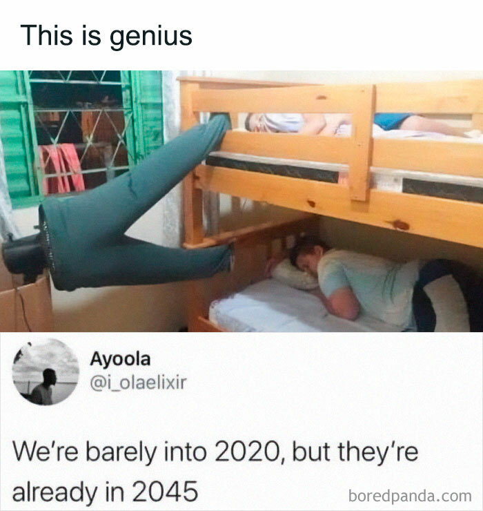 Weirdest meme showing a bunk bed with a fan blowing air into pants above a sleeping person.