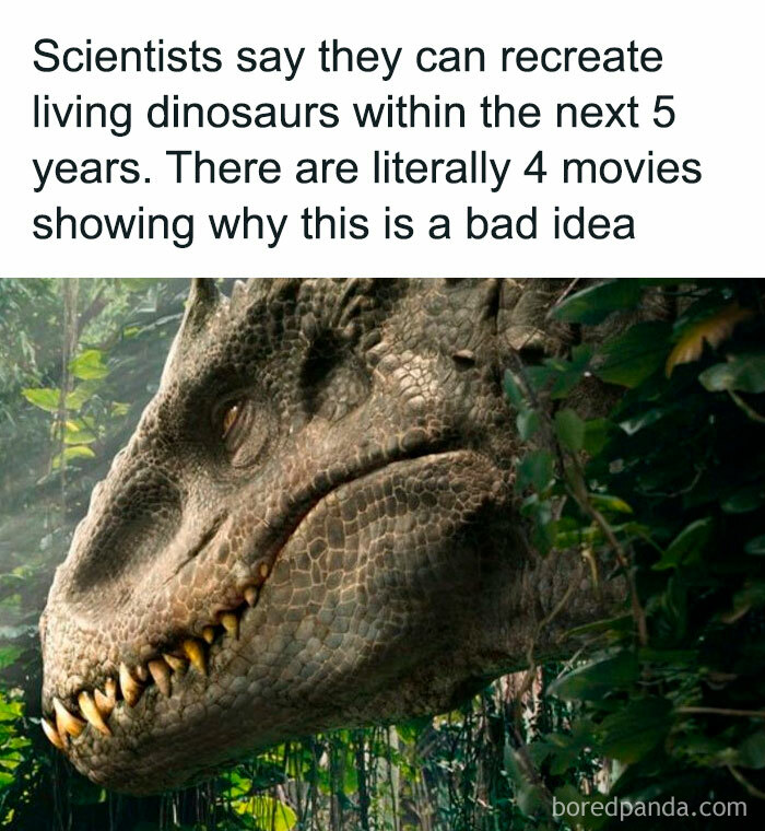 Dinosaur meme with a caption about scientists recreating dinosaurs, humorously referencing movies warning against it.