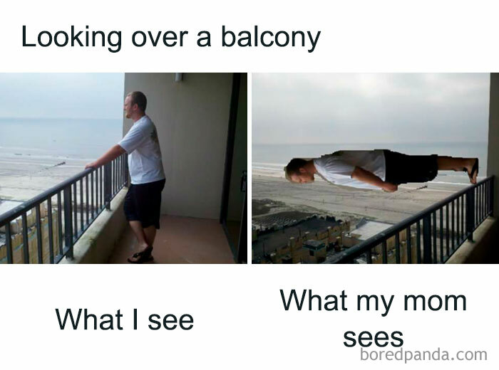 Man leaning on balcony vs. mom's perspective meme; highlights funny contrasts in perception.