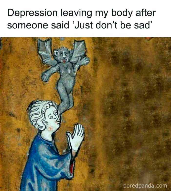 Funny meme of a person watching a demon-like creature fly away, symbolizing depression leaving.