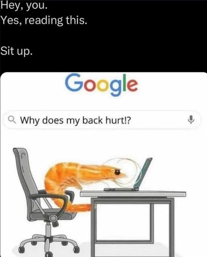 A meme shows a shrimp-like figure slumped over a computer, with the text "Why does my back hurt?"