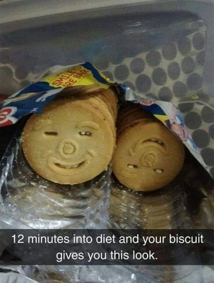 Biscuits with funny faces, illustrating a weird meme about dieting humor.